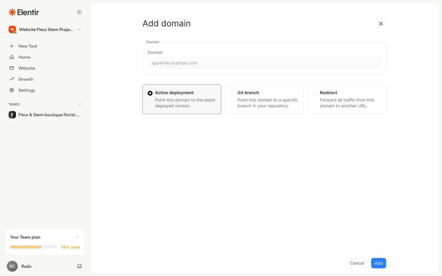 The Add domain panel showing the Verification tabs with the CNAME record to add