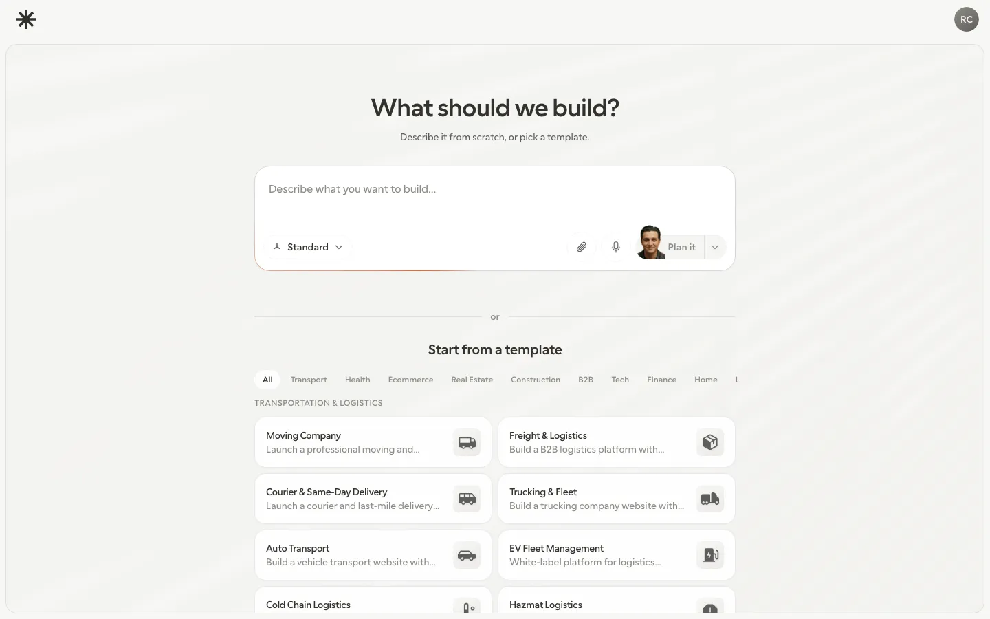 The new-project screen with a build prompt and a gallery of industry templates