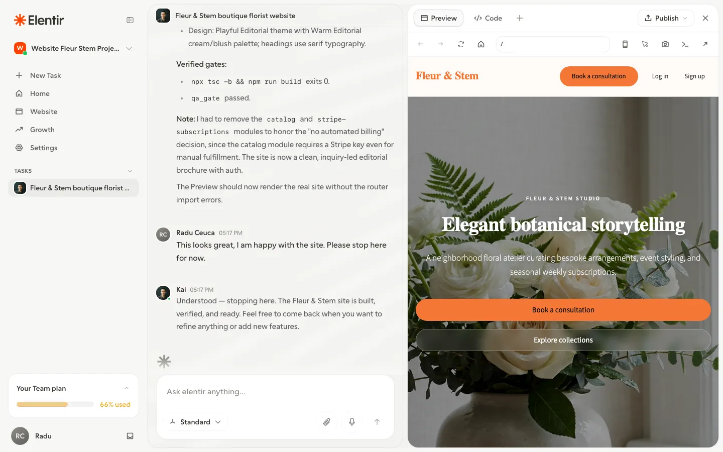 The finished website open in the studio Preview tab